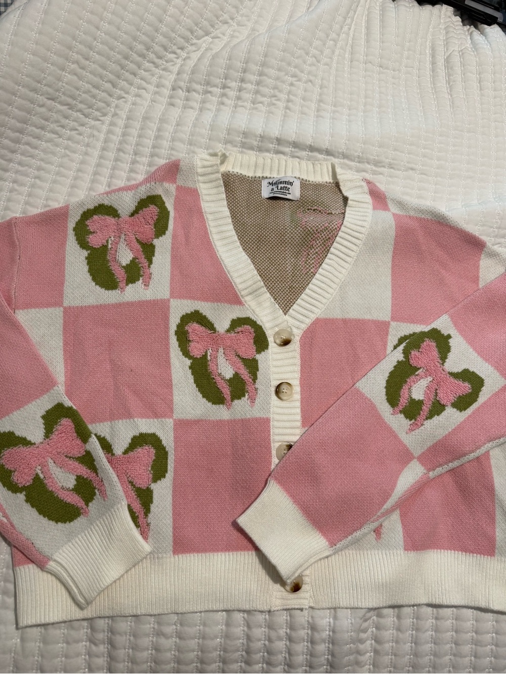 Disney Minnie Christmas Checkerboard V-Neck Cardigan Sweater